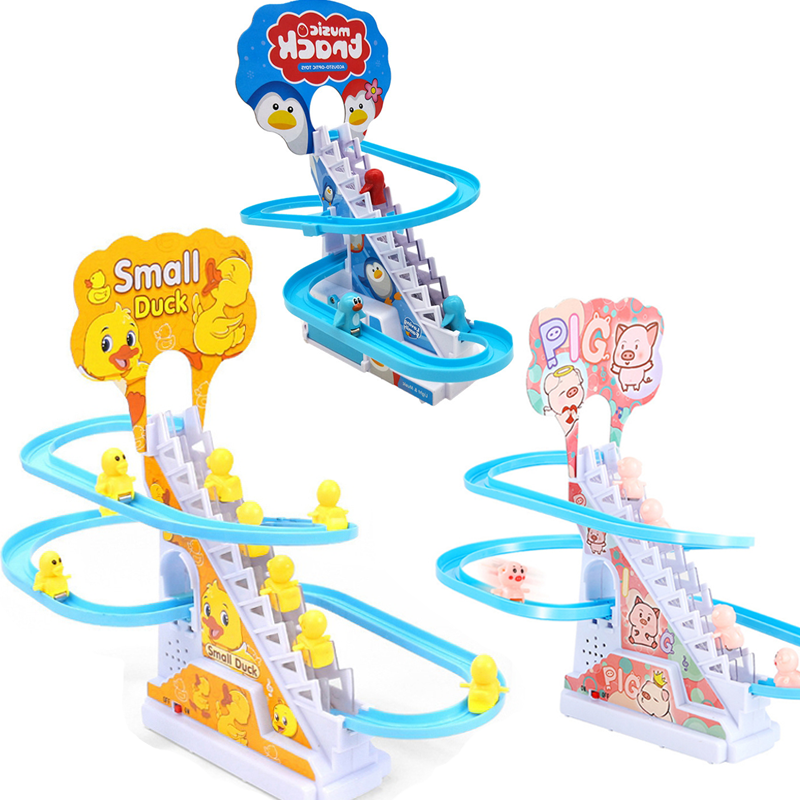아이 Diy 작은 오리 펭귄 전자 등산 계단 트랙 장난감 빛 뮤지컬 슬라이드 트랙 코스터 장난감 교육 재미있는 장난감 선물
